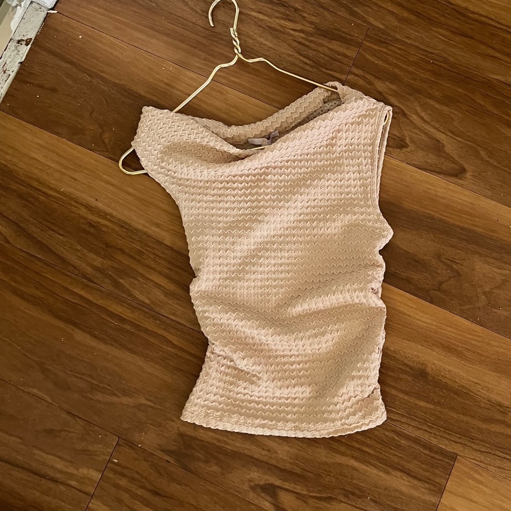 Iris Womens Taupe Textured Chevron Boat Neck Sleeveless Ruched Top Size S